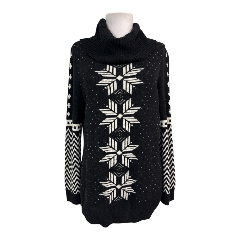 Talbots Petite Medium Pullover Sweater Cowl Neck Snowflakes Black White Wool
